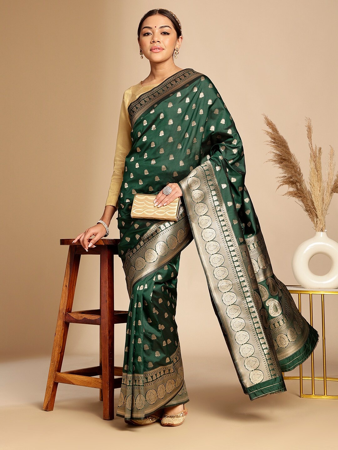 

Anouk Ethnic Motifs Woven Design Zari Art Silk Banarasi Saree, Green