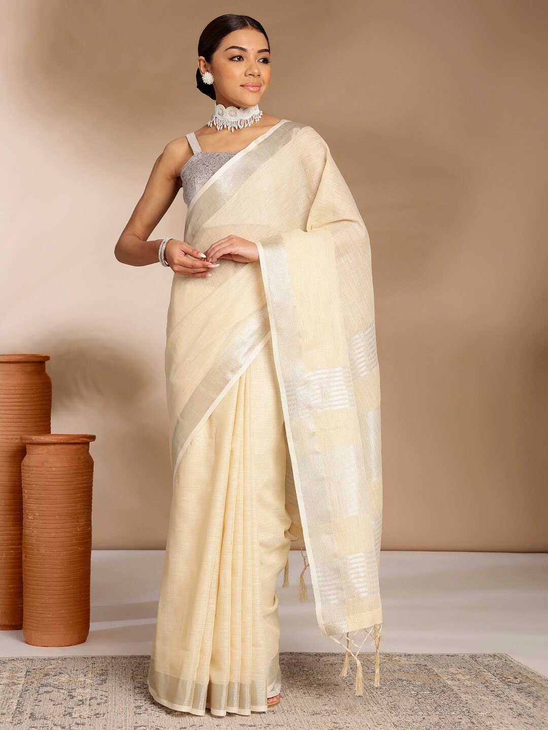 

Anouk Zari Border Saree, Cream