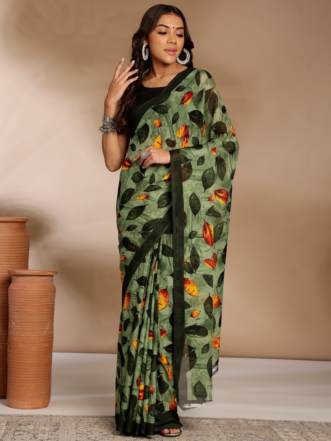 Anouk Rustic Floral Pure Georgette Saree, Green
