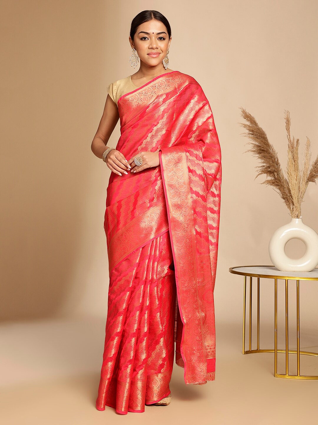 

Anouk Ethnic Motifs Woven Design Zari Organza Saree, Pink