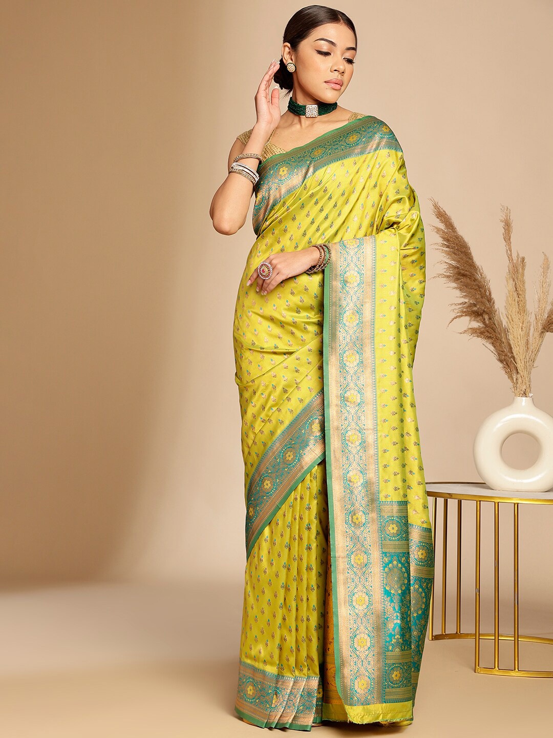 

Anouk Ethnic Woven Design Zari Art Silk Kanjeevaram Saree, Lime green
