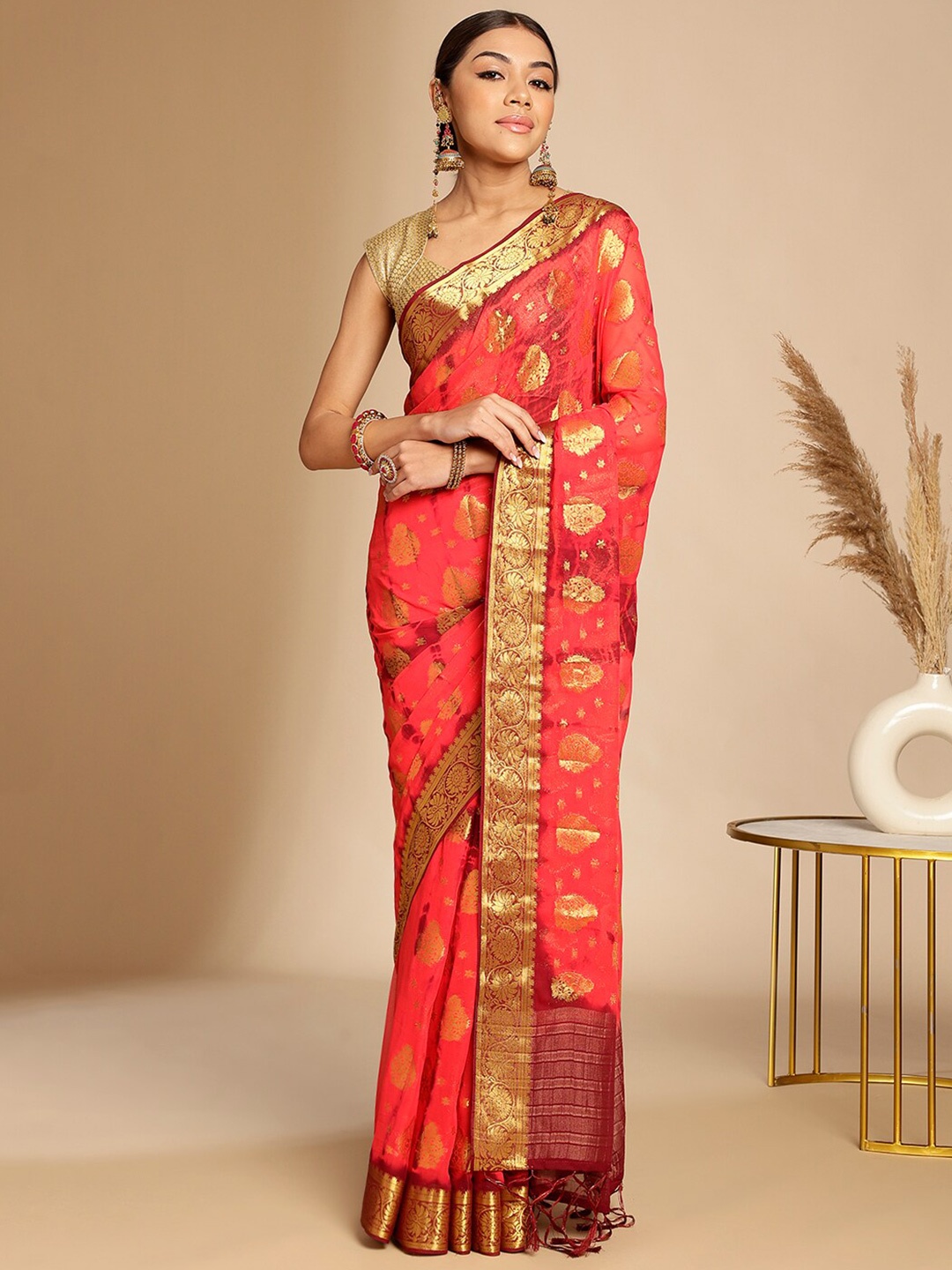 

Anouk Ethnic Motifs Zari Border Nylon Silk Tie and Die Saree, Pink