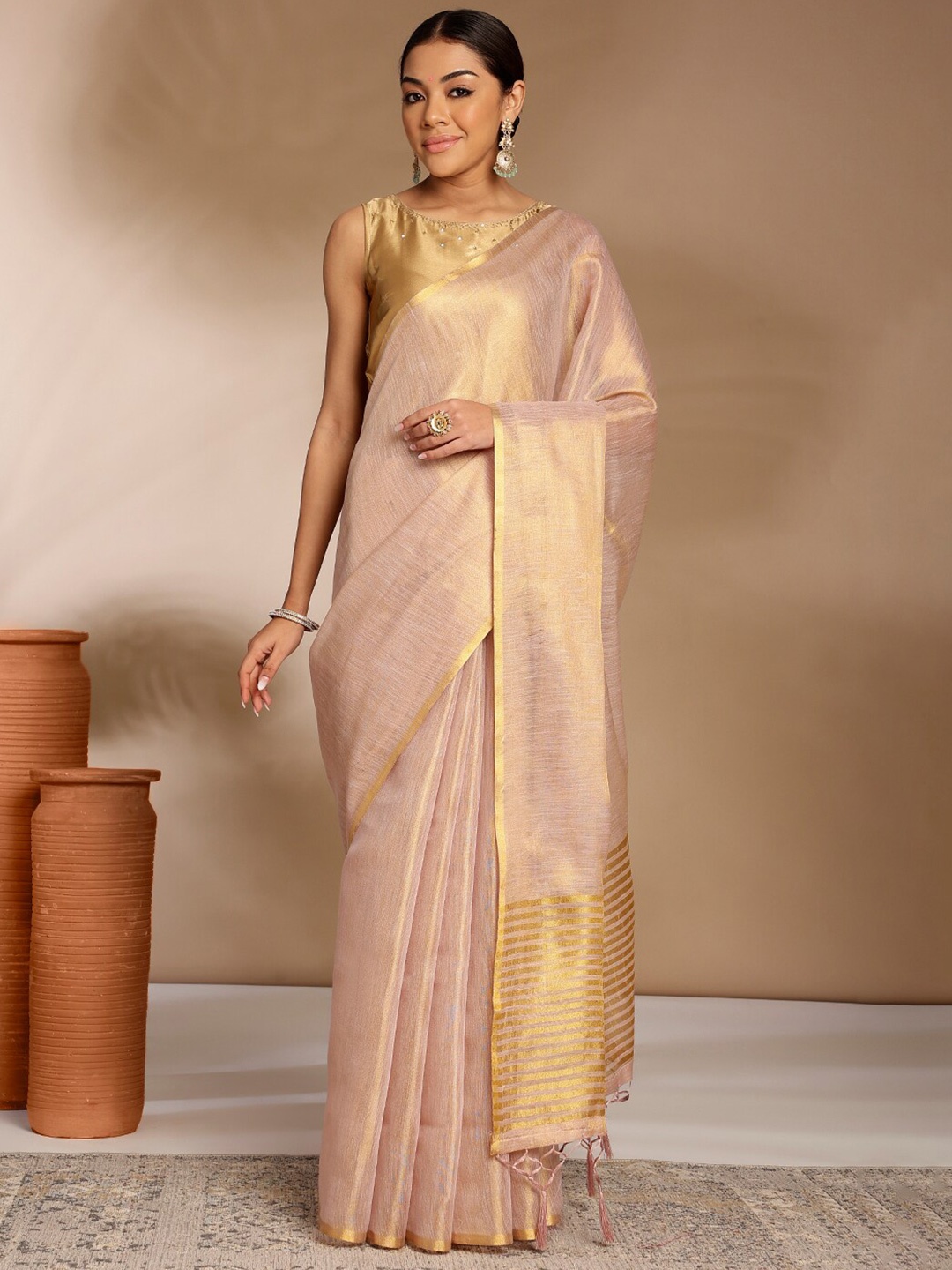 

Anouk Ethnic Zari Linen Saree, Beige