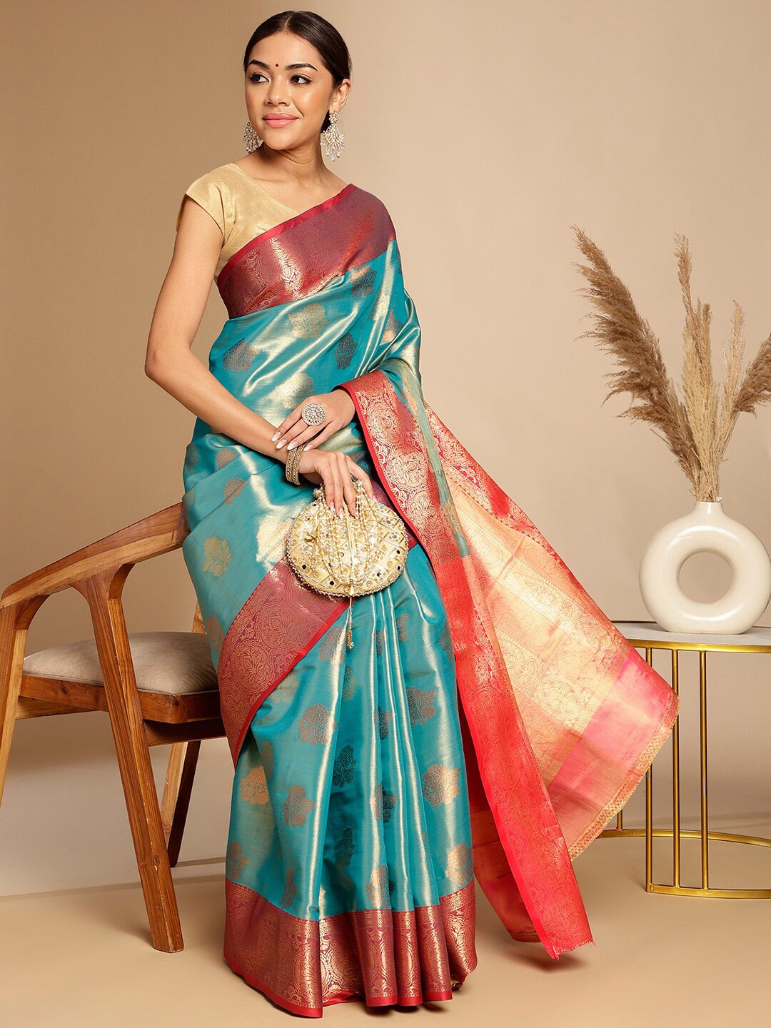 

Anouk Floral Woven Design Zari Art Silk Banarasi Saree, Turquoise blue