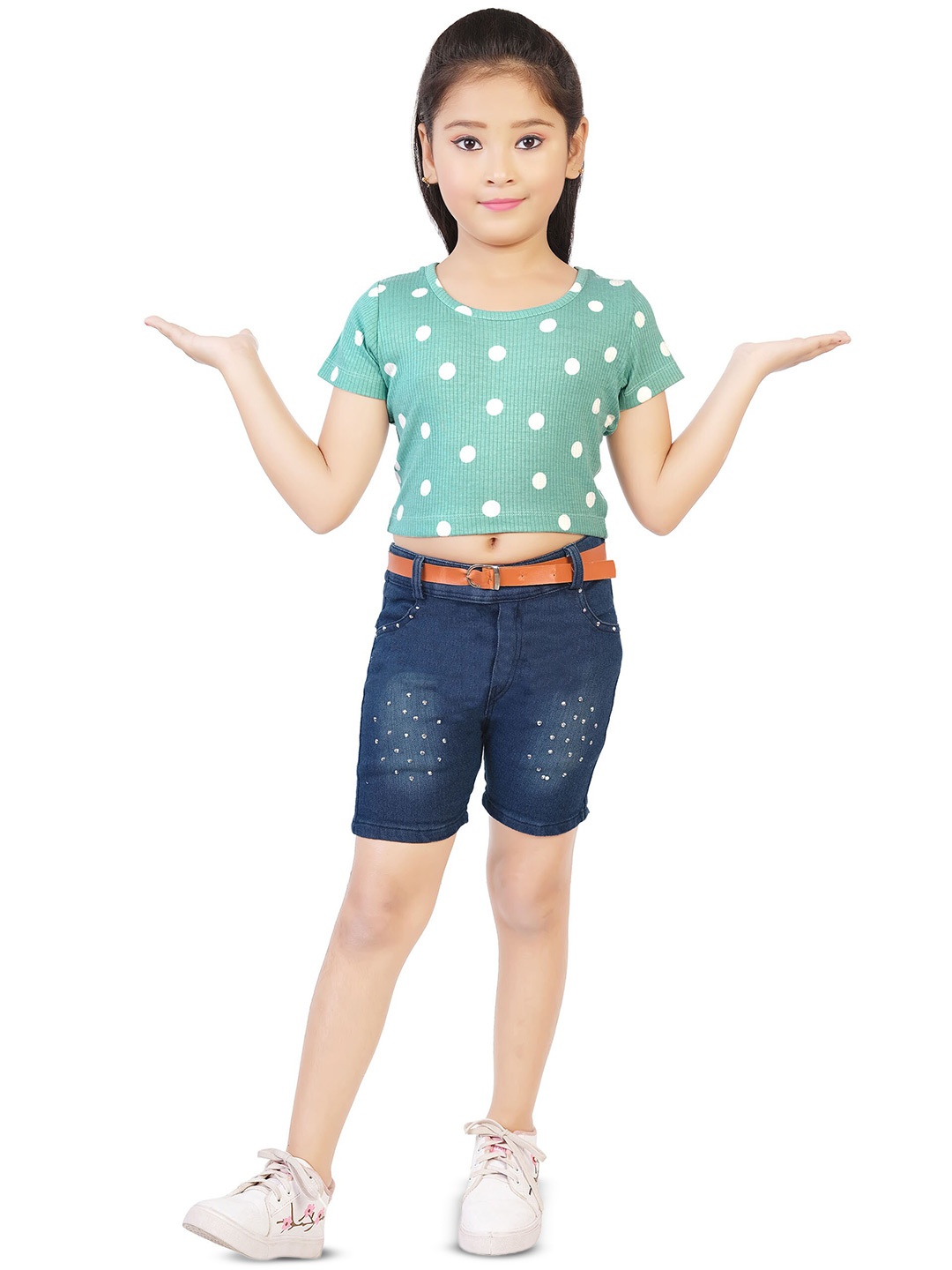 

BAESD Girls Polka Dots Printed Crop T-shirt with Shorts, Blue