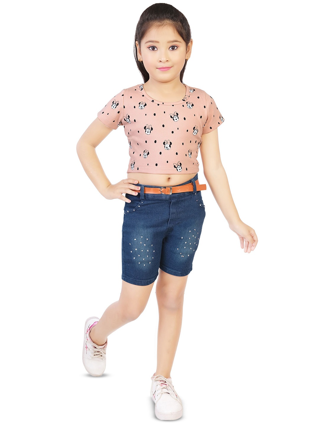 

BAESD Girls Minnie Mouse Printed Crop Top With Shorts, Peach