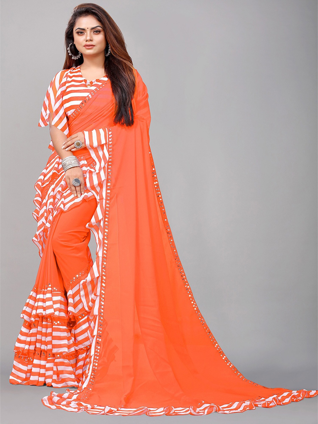

Reeta Fashion Striped Sequinned Ruffles Pure Georgette Saree, Orange