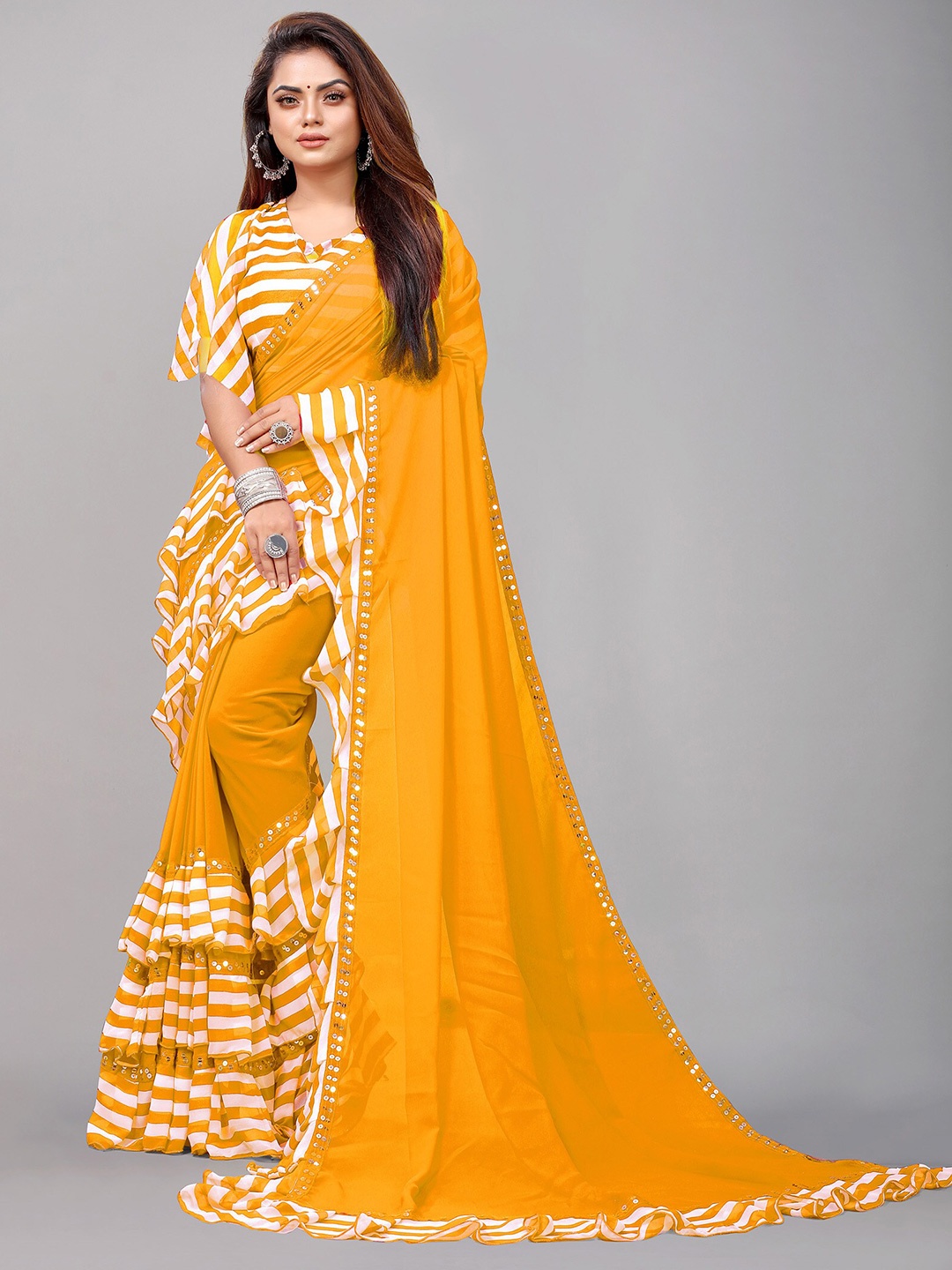 Reeta Fashion Striped Mirror Work Pure Georgette Saree, Yellow