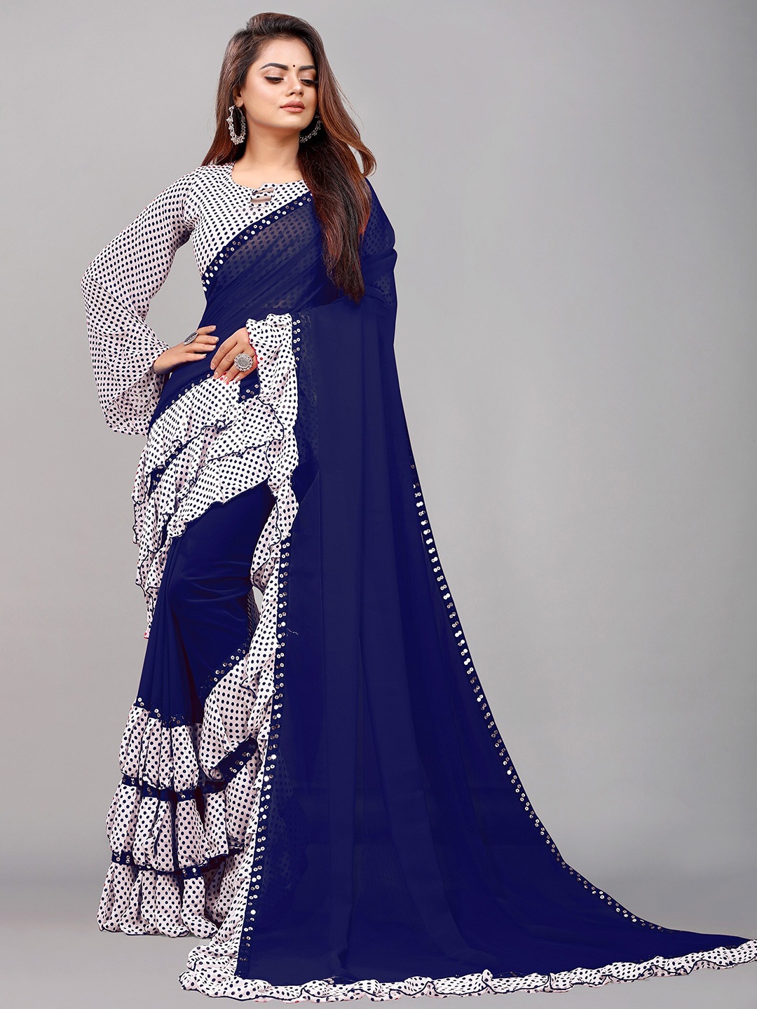 

Reeta Fashion Polka Dot Mirror Work Pure Georgette Saree, Navy blue