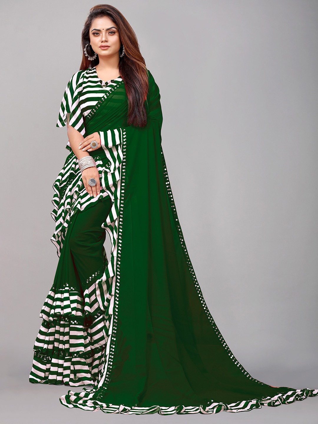 

Reeta Fashion Striped Mirror Work Pure Georgette Saree, Green