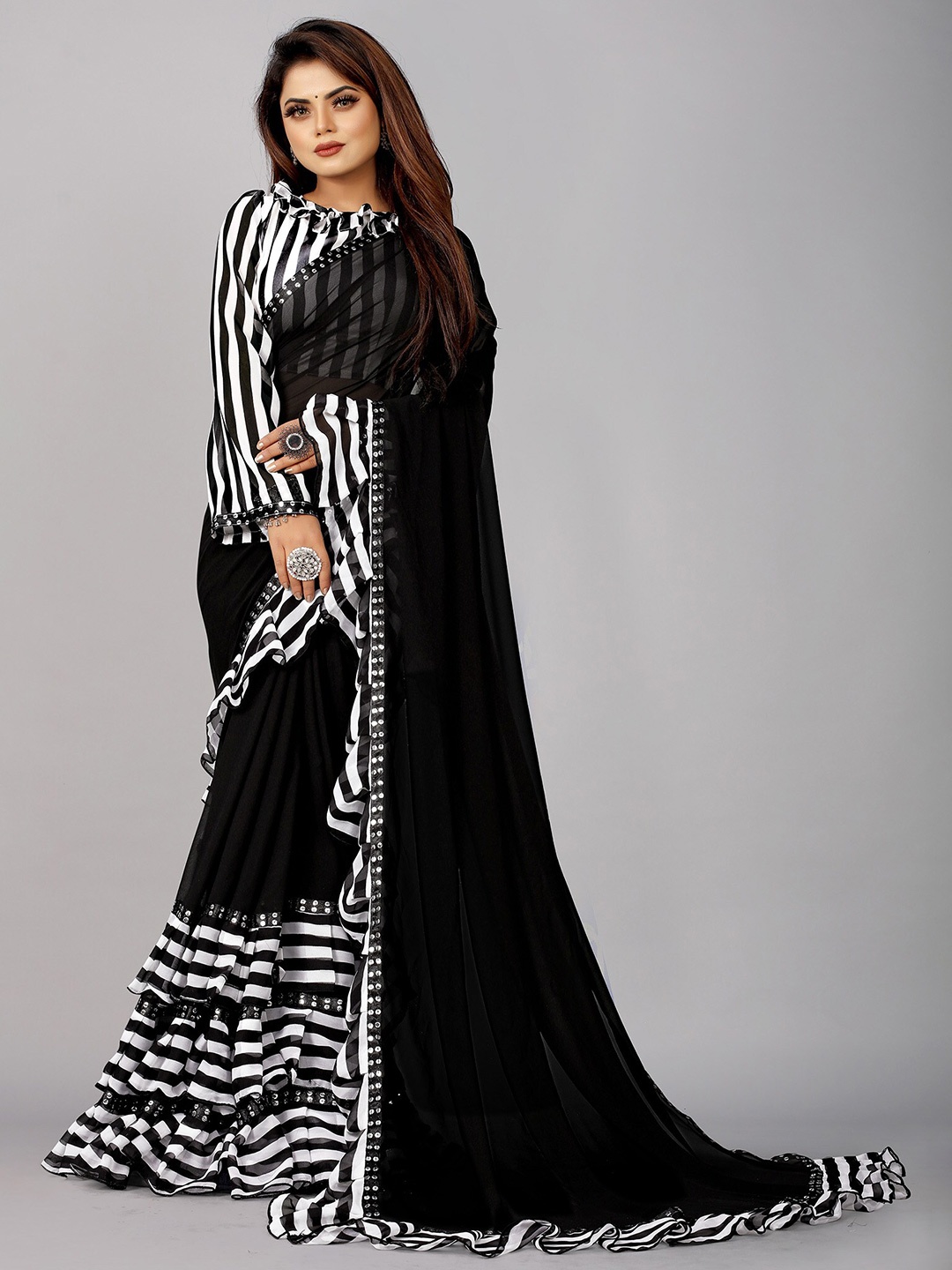 

Reeta Fashion Striped Sequinned Ruffles Pure Georgette Saree, Black