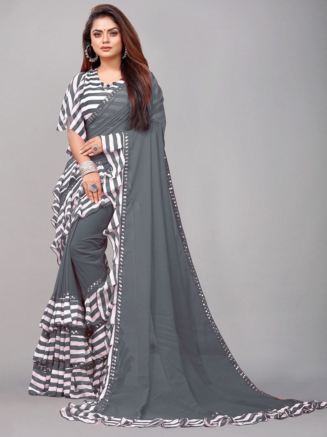 Reeta Fashion Striped Mirror Work Pure Georgette Saree, Grey