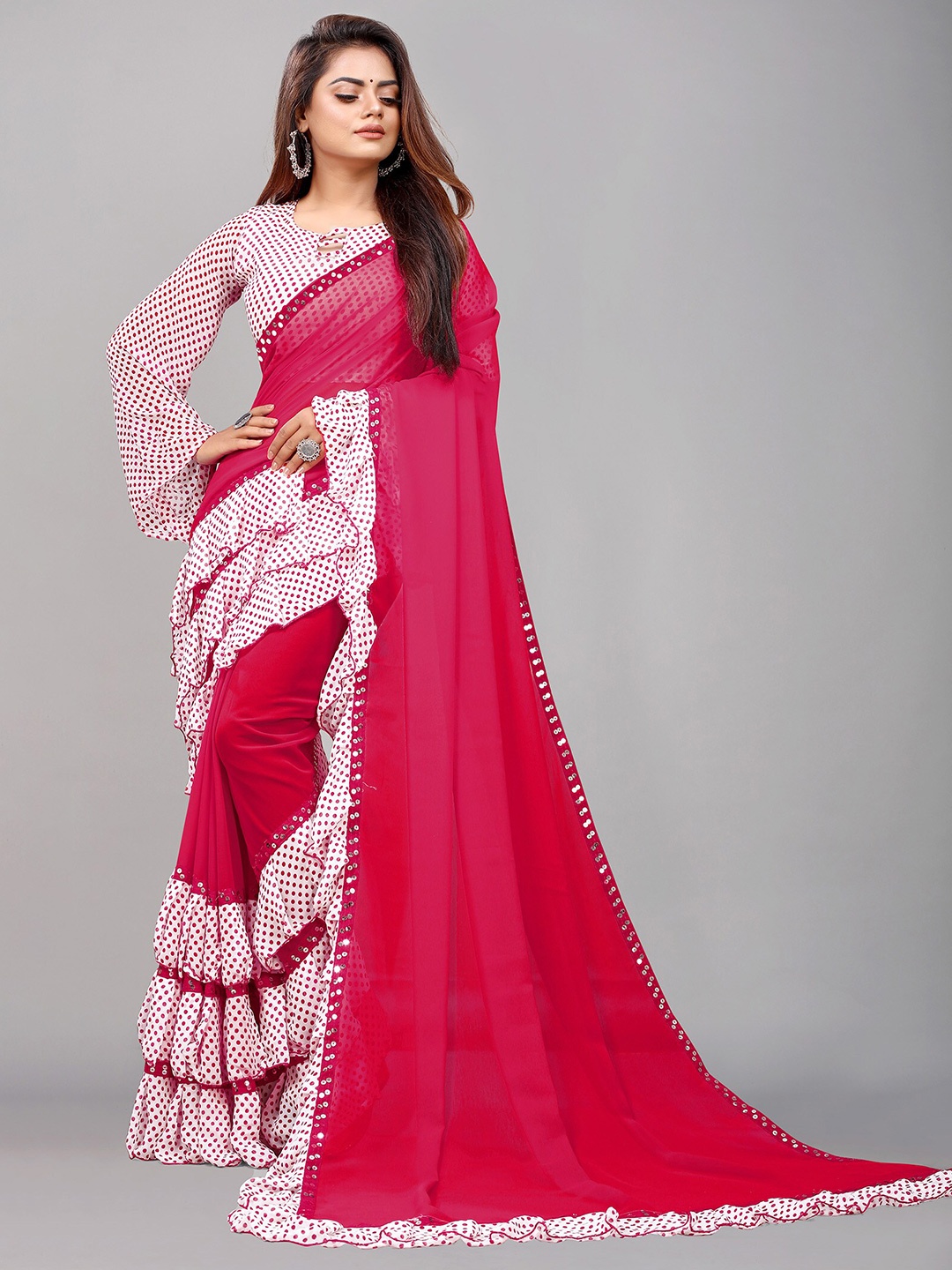 

Reeta Fashion Polka Dots Printed Sequinned Ruffles Pure Georgette Saree, Red