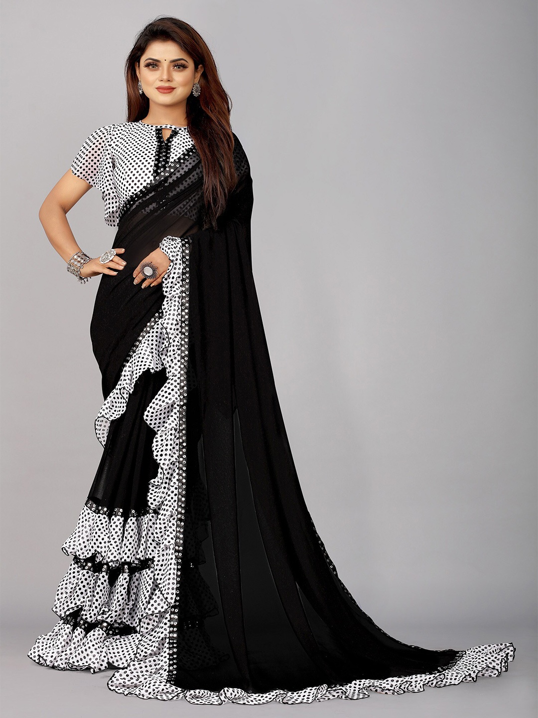 

Reeta Fashion Polka Dot Pure Georgette Saree, Black