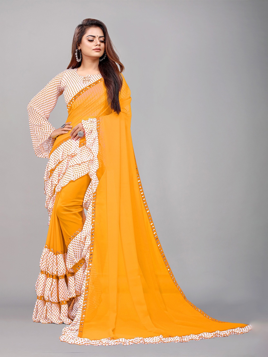 

Reeta Fashion Polka Dot Mirror Work Pure Georgette Saree, Yellow