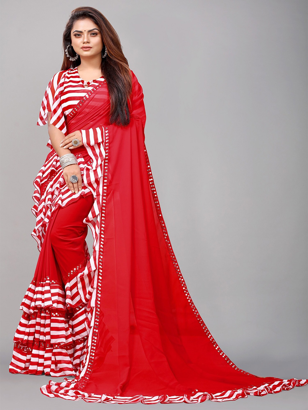 

Reeta Fashion Striped Pure Georgette Saree, Red
