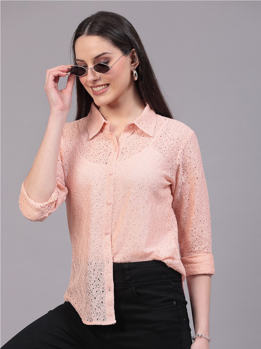 

Style Quotient Peach-Color Classic Floral Self Design Sheer Casual Cotton Shirt