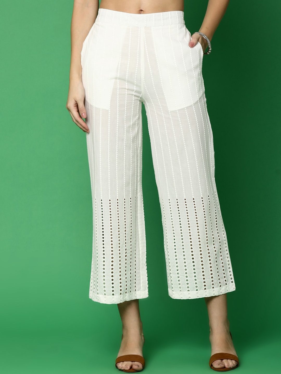 

UNLIMITED Women Self Design Cotton Parallel Trousers, Off white