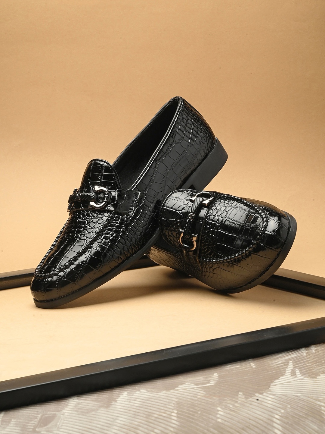 

House of Pataudi Men Textured Slip-On Formal Loafers, Black
