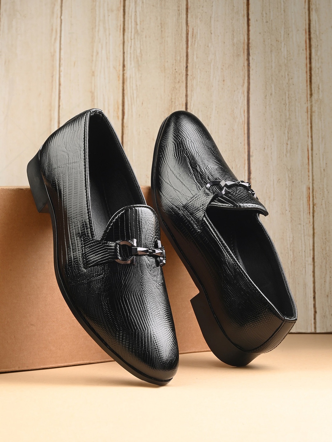 

House of Pataudi Men Textured Slip-On Formal Loafers, Black