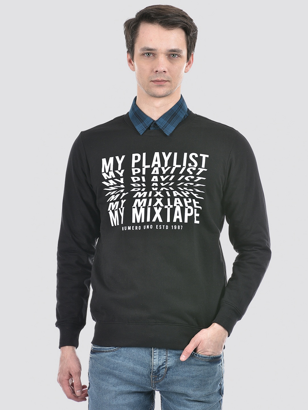 

Numero Uno Typography Printed Long Sleeves Pullover, Black