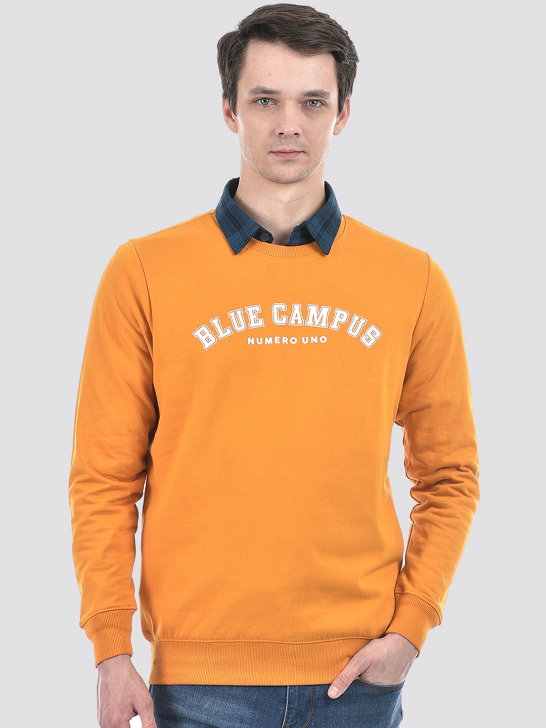 Numero Uno Typography Printed Pullover Sweatshirt, Orange
