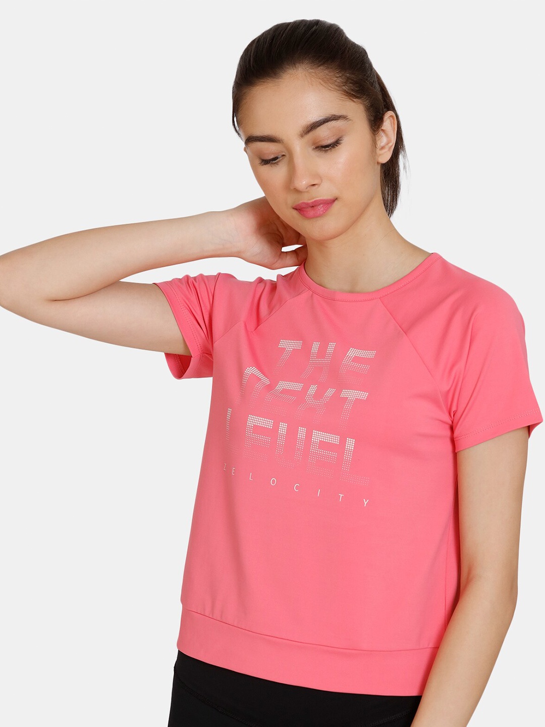 

Zelocity by Zivame Typography Printed Raglan Sleeves Sports T-shirt, Pink