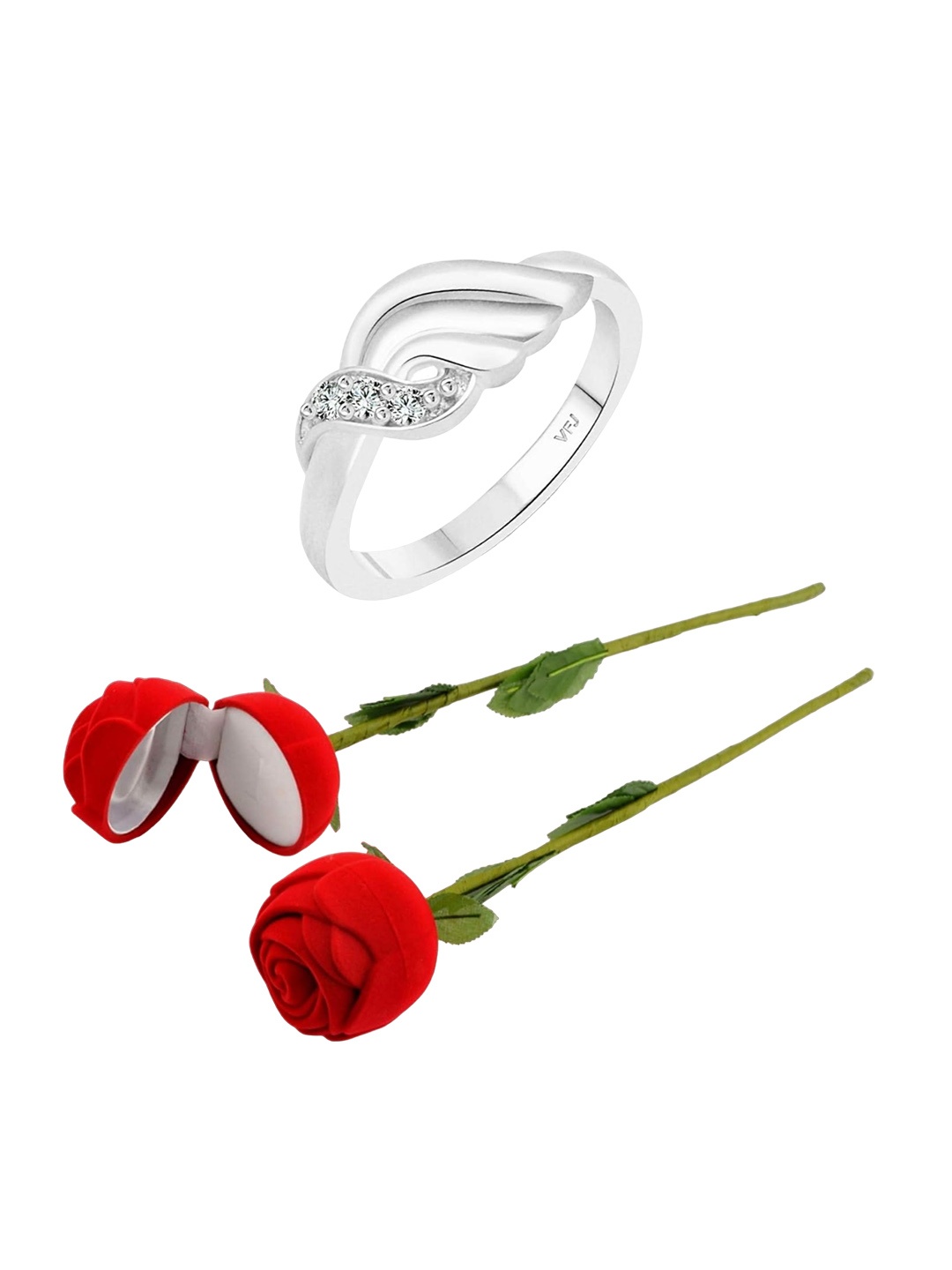 

Vighnaharta Rhodium-Plated Cubic Zirconia-Stone Studded Floral Finger Ring With Rose Box, Silver