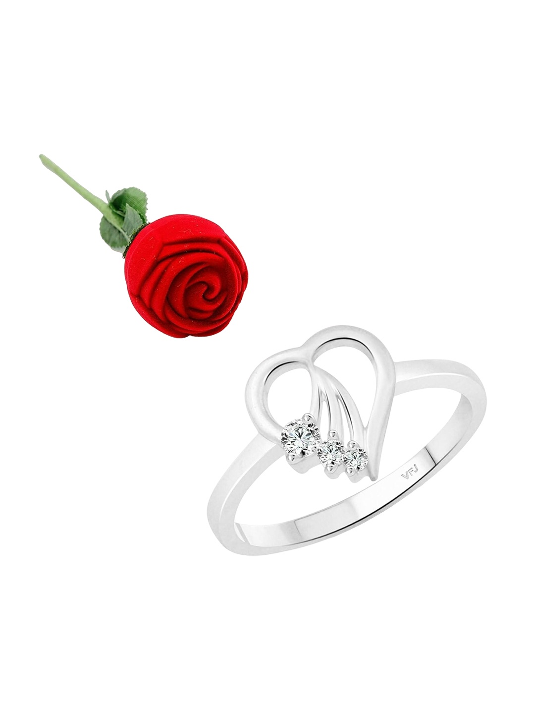 

Vighnaharta Rhodium-Plated Cubic Zirconia-Studded Heart Design Finger Ring With Rose Box, Silver