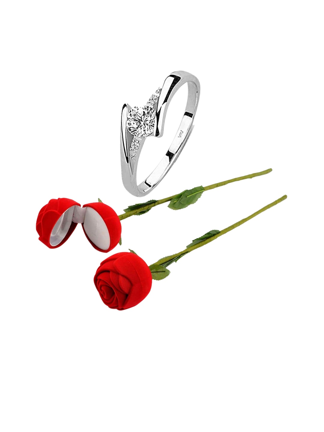 

Vighnaharta Rhodium-Plated Cubic Zirconia-Studded Finger Ring With Rose Box, Silver