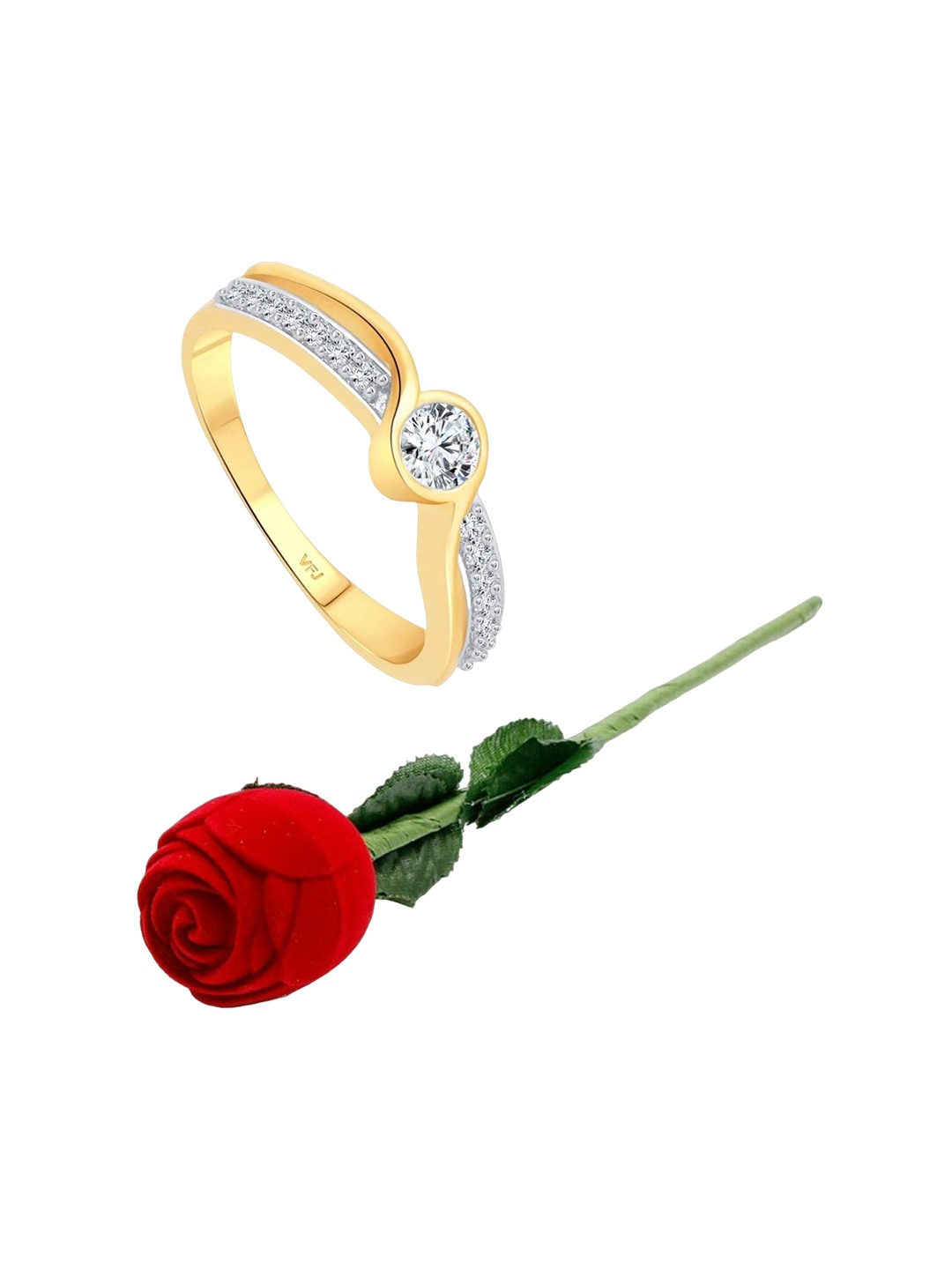 

Vighnaharta Gold-Plated Cubic Zirconia-Stone Studded Solitaire Finger Ring With Rose Box