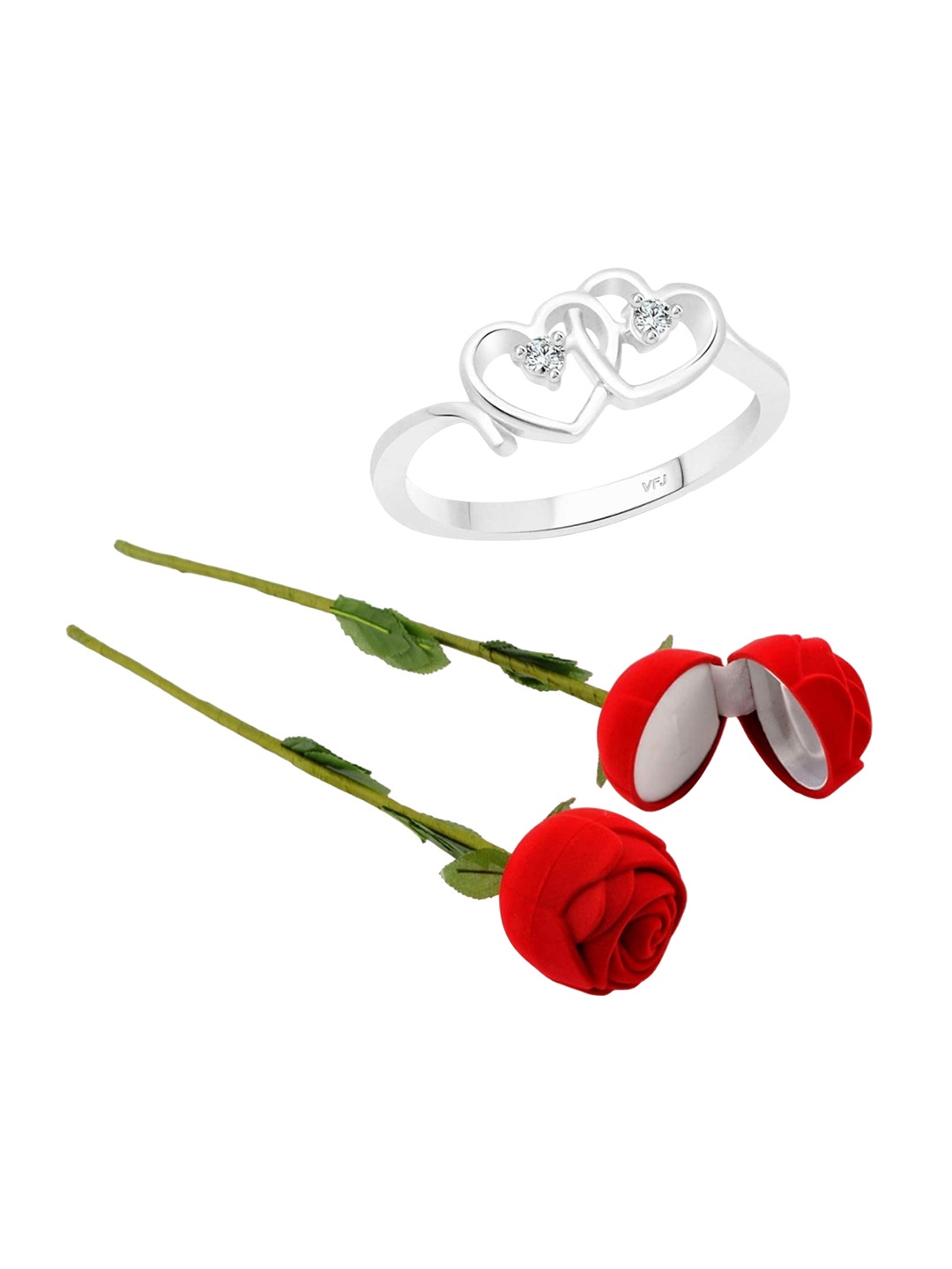 

Vighnaharta Rhodium-Plated Cubic Zirconia-Studded Heart Design Finger Ring With Rose Box, Silver