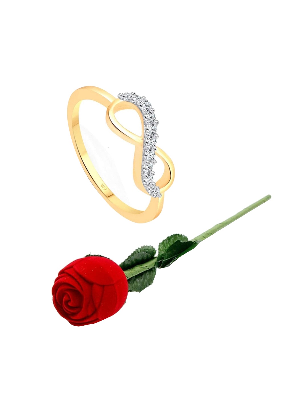 

Vighnaharta Gold-Plated Cubic Zirconia-Studded Finger Ring With Rose Ring Box