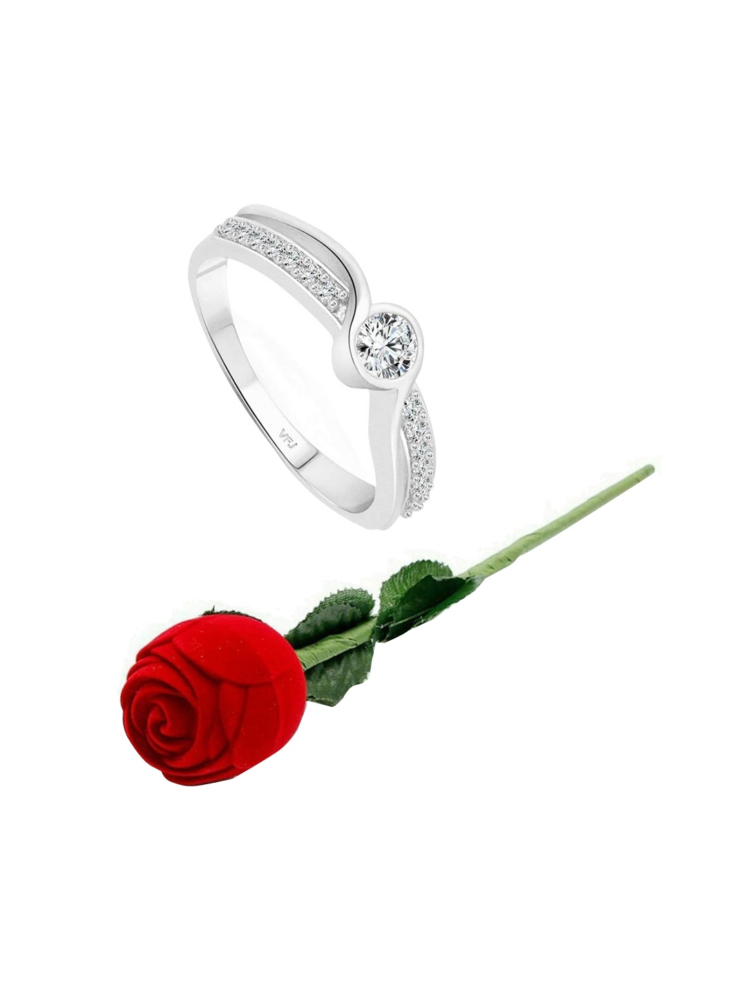 

Vighnaharta Rhodium-Plated CZ-Stone Studded Solitaire Finger Ring With Rose Box, Silver