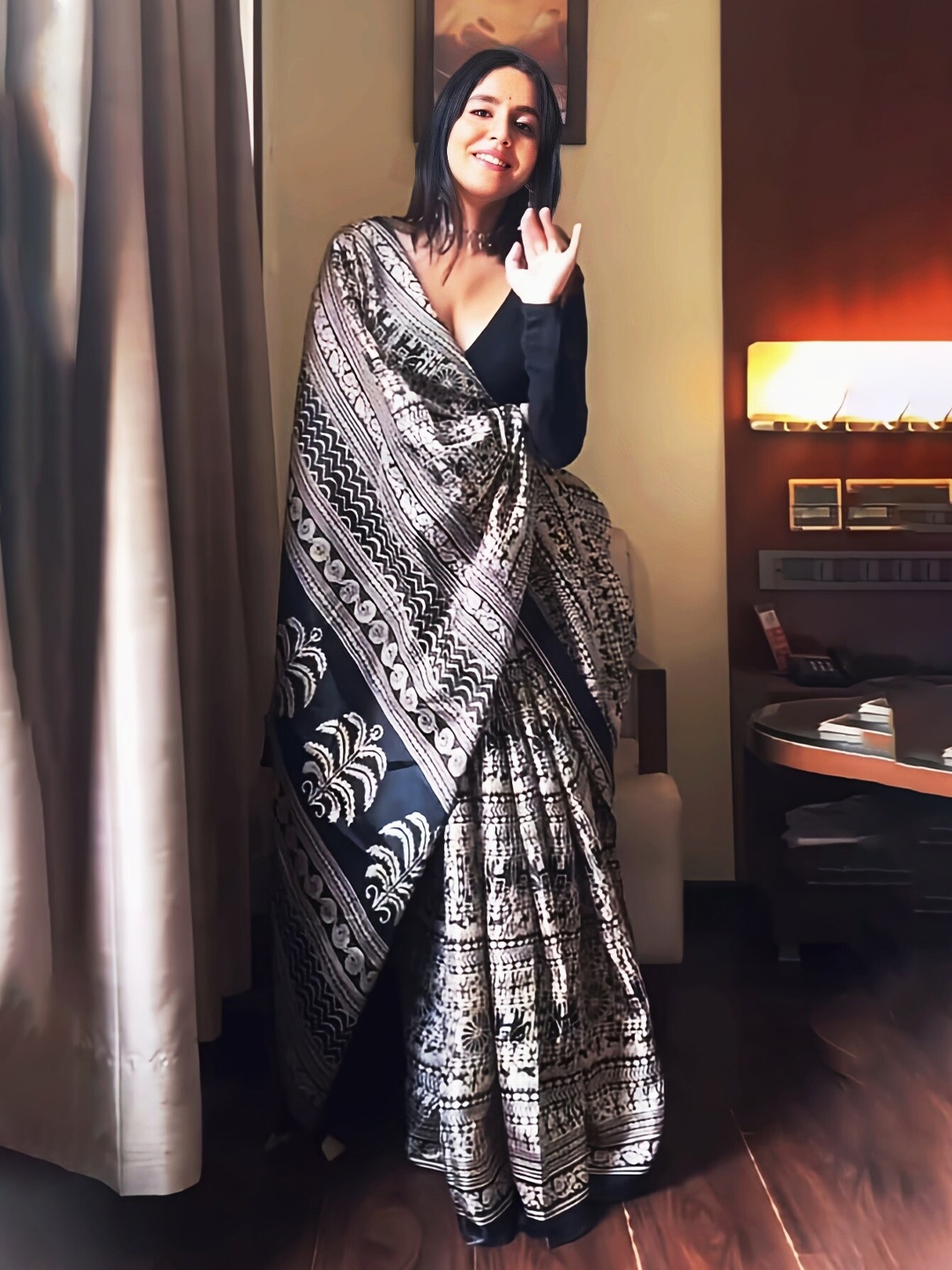 

KALINI Kalamkari Printed Block Print Saree, Beige