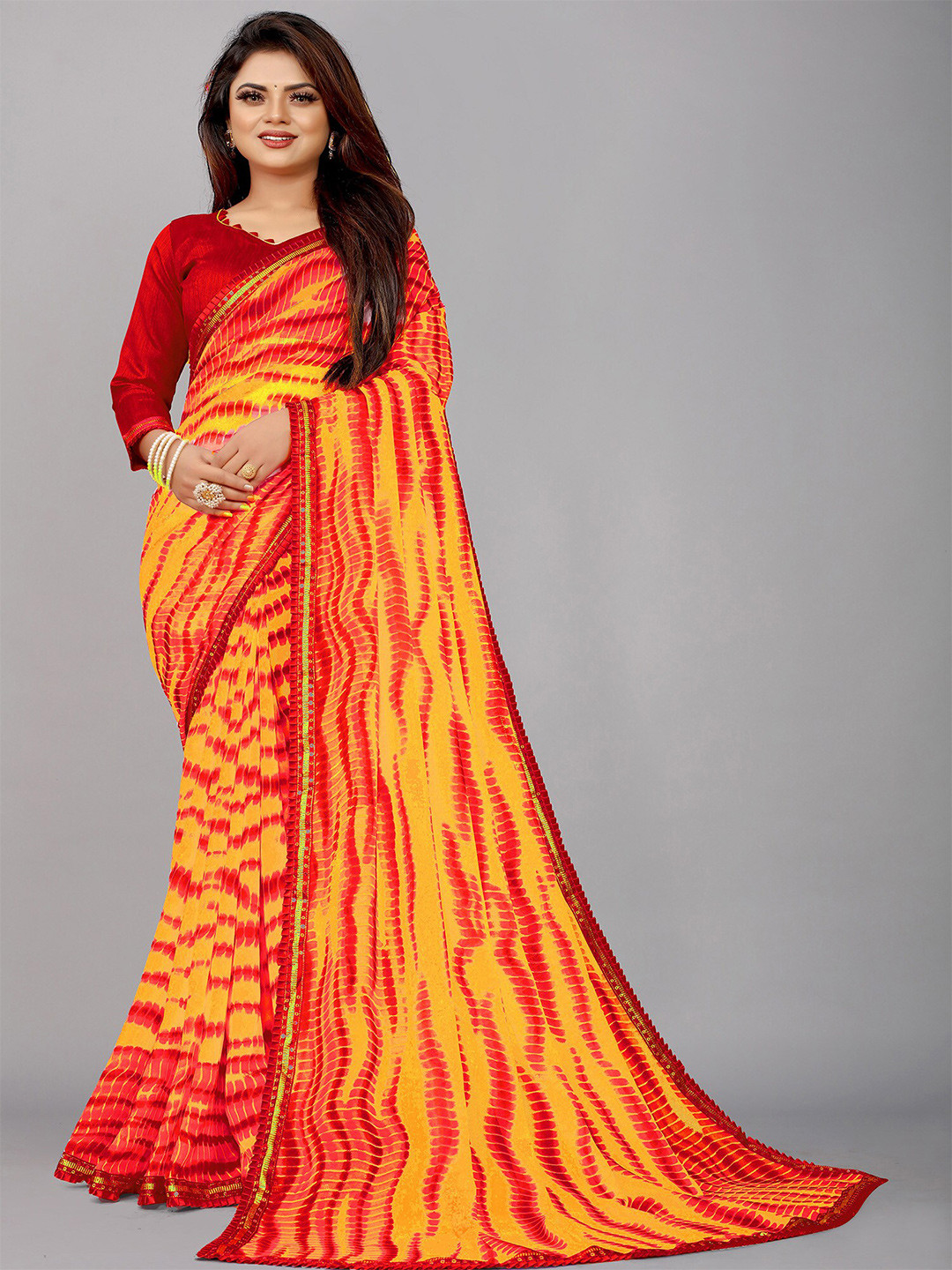 

Reeta Fashion Abstract Printed Sequinned Pure Georgette Saree, Yellow