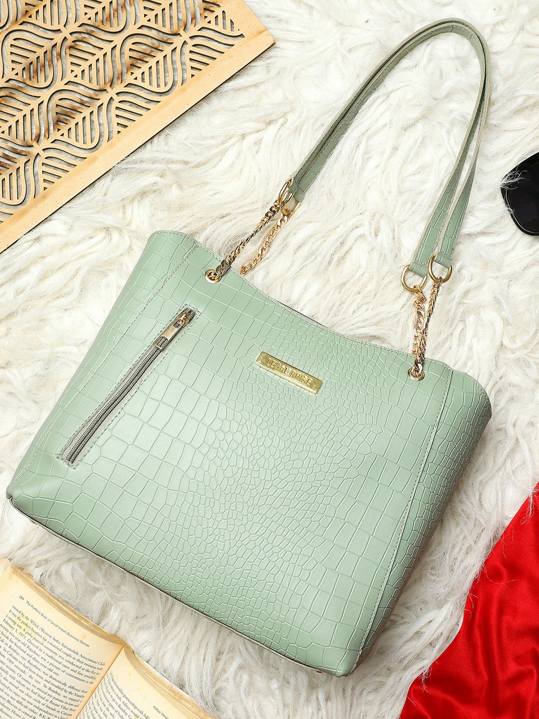 

LEGAL BRIBE Textured Structured Shoulder Bag, Green
