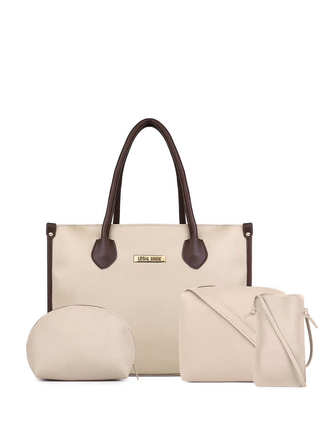 

LEGAL BRIBE Combo Of 4 Zip Detail PU Structured Tote Bag, Beige