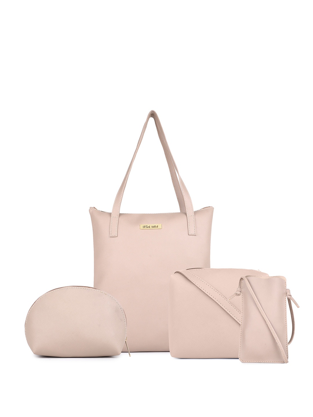 

LEGAL BRIBE Set Of 4 Textured PU Shopper Handheld Bags, Beige