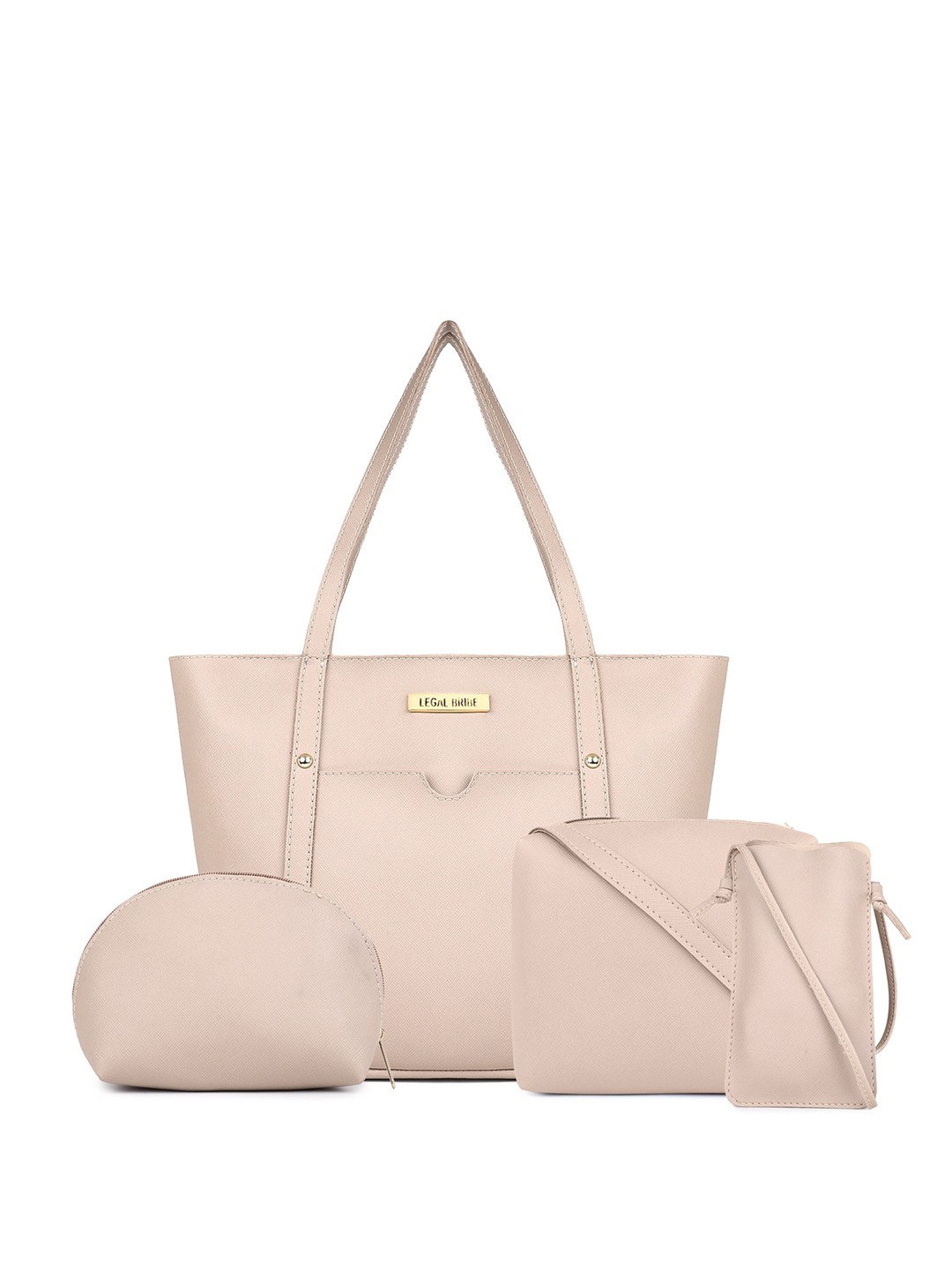 

LEGAL BRIBE Combo Of 4 Textured Zip Detail PU Oversized Shoulder Bag, Beige