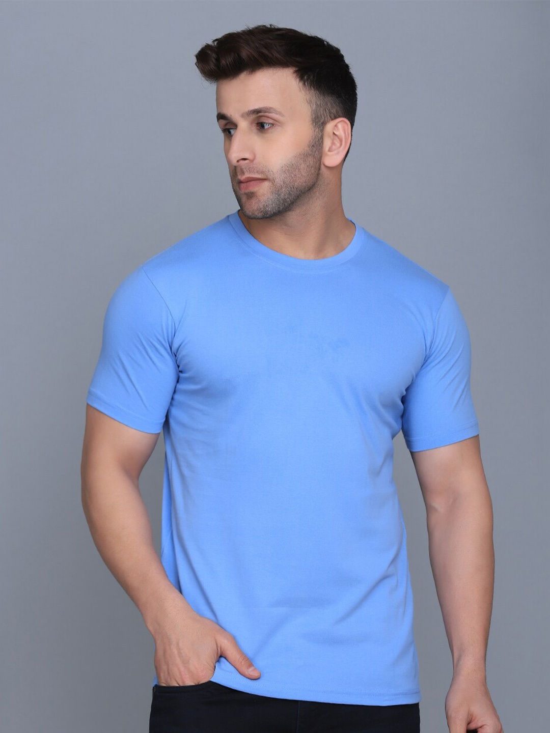 

SLOWLORIS Round Neck Cotton T-shirt, Blue