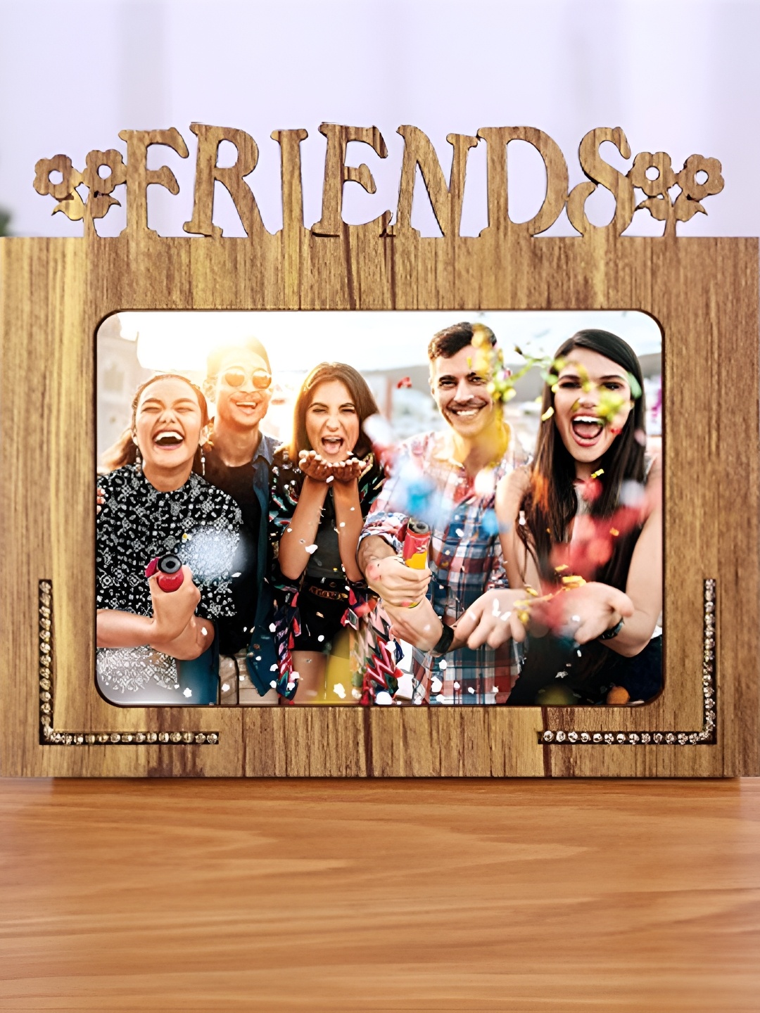 

PnF Brown & Silver-Toned Self Design Wooden Personalized Table Photo Frame