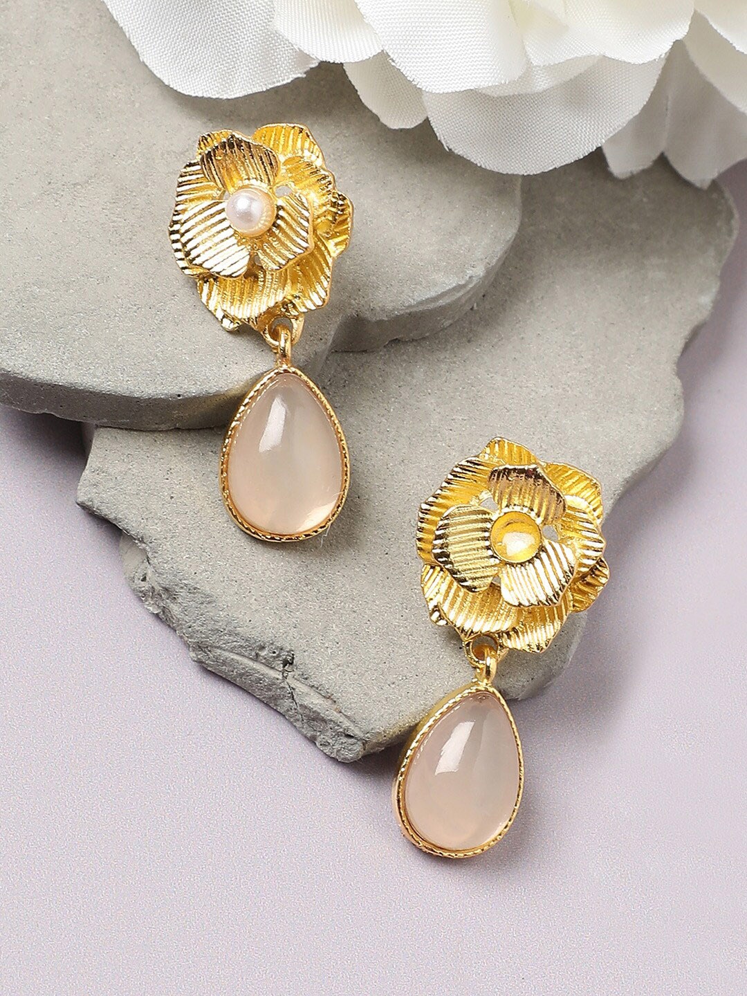

DressBerry White Gold-Plated White Stone Studded Contemporary Drop Earrings