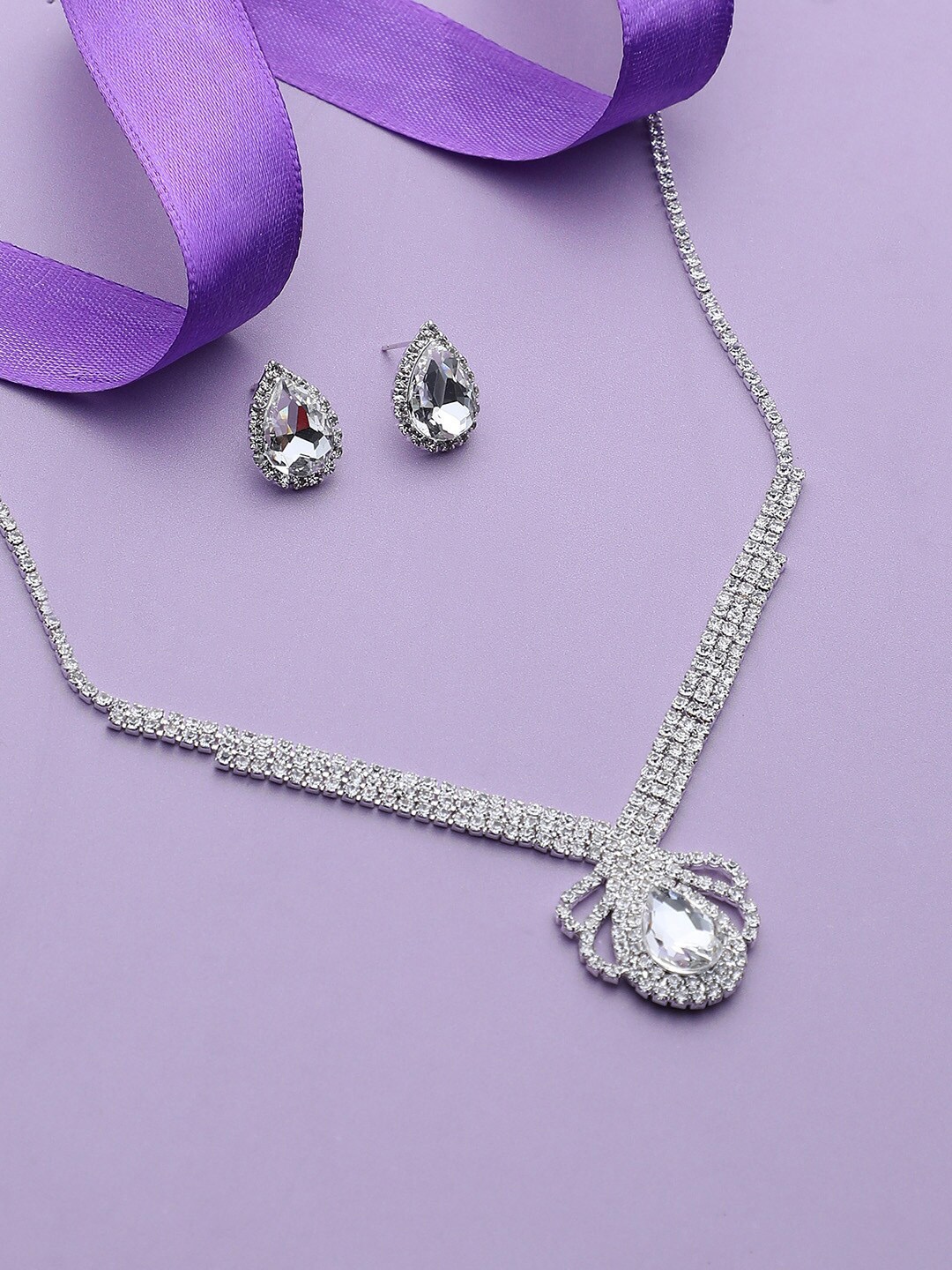 

DressBerry White Silver-Plated Stones-Studded Jewellery Set