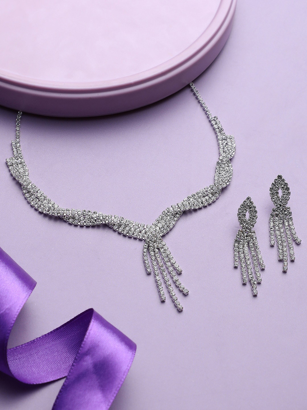 

DressBerry Silver-Toned Silver-Plated Stone Studded Jewellery Set