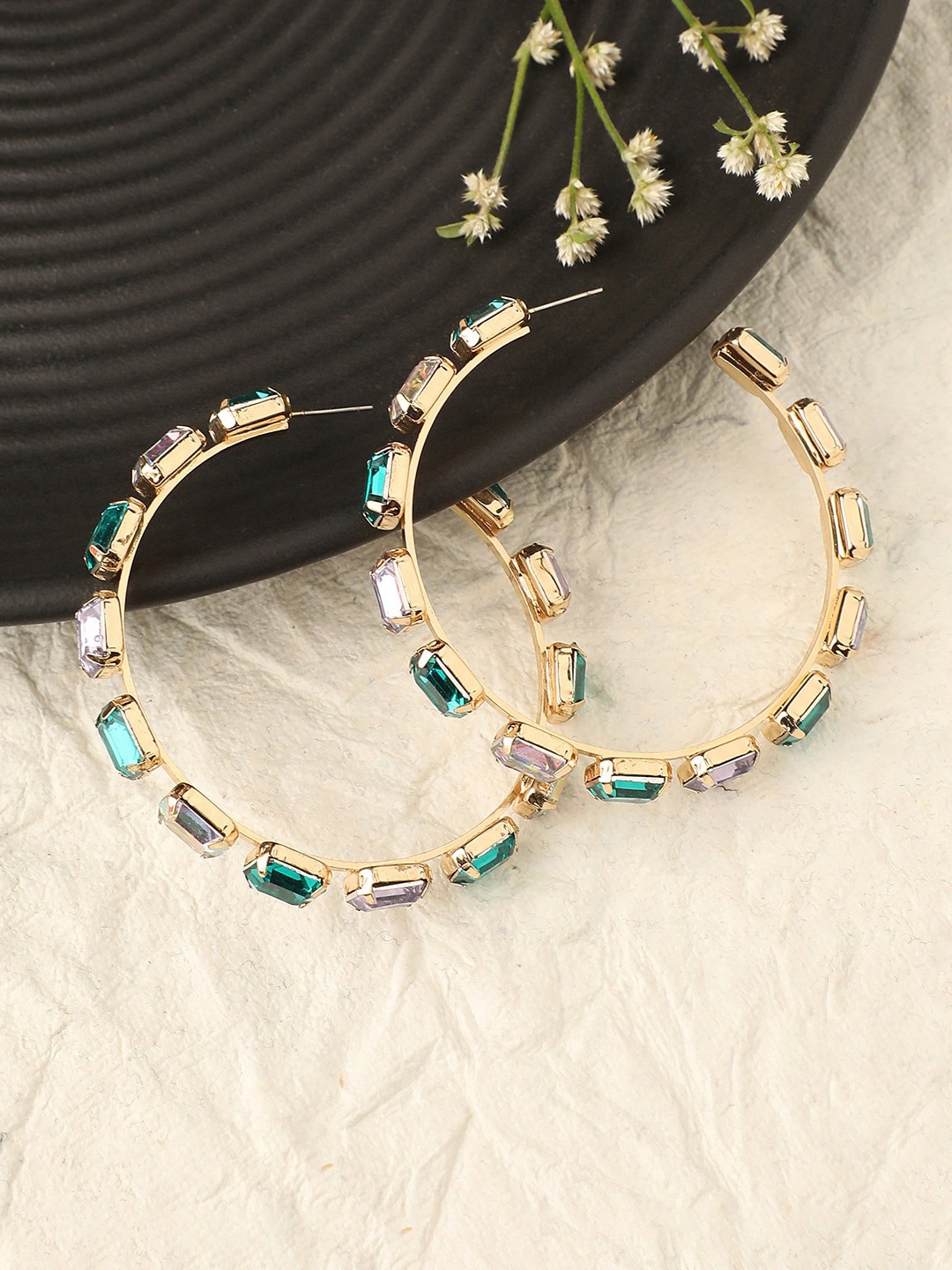 

DressBerry Gold-Toned & Green Gold-Plated Stones Studded Circular Half Hoop Earrings