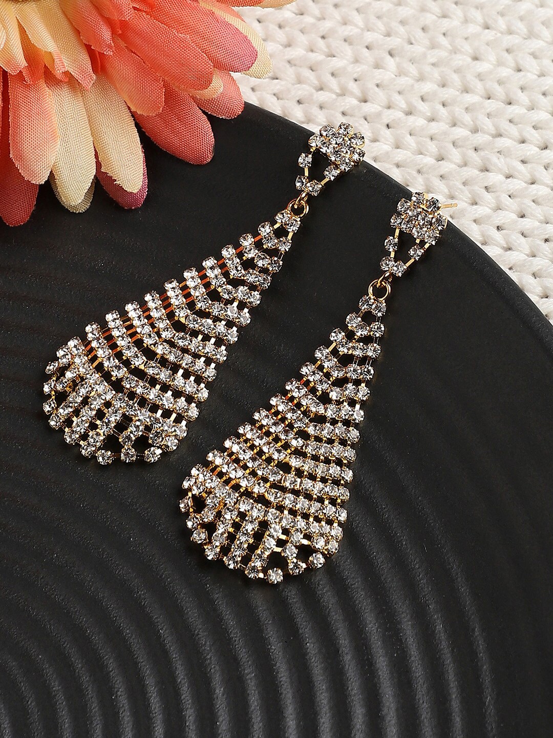 

DressBerry White Gold-Plated Stone-Studded Contemporary Drop Earrings