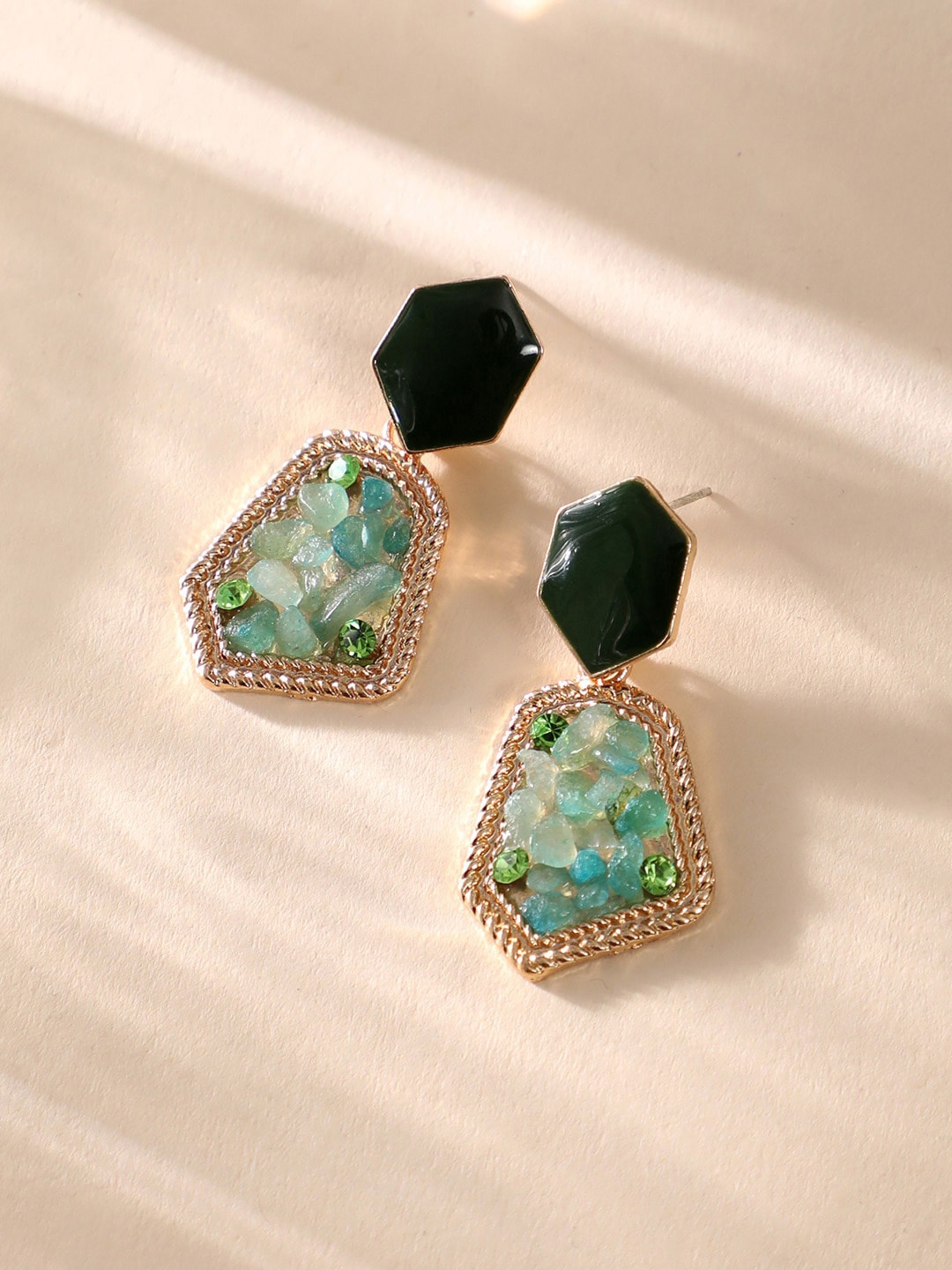 

DressBerry Green Gold-Plated Stone Studded Contemporary Drop Earrings