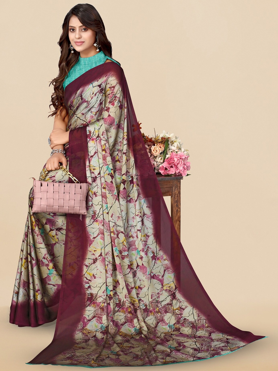 

KALINI Abstract Printed Saree, Beige