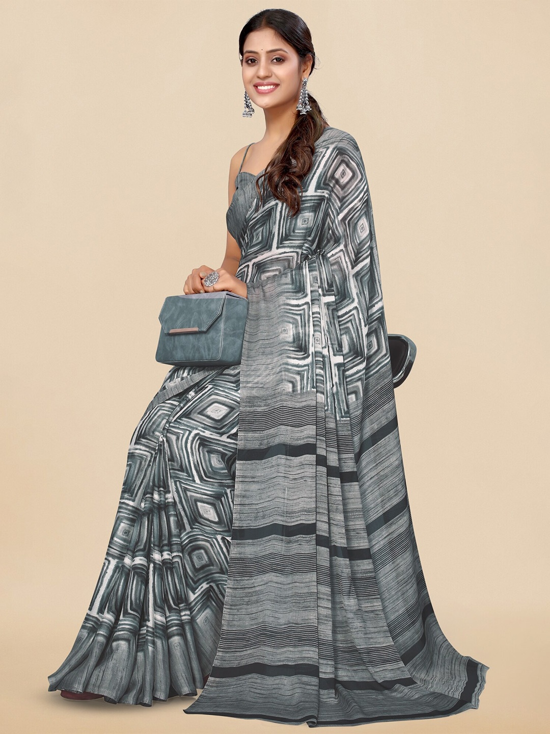 

KALINI Geometric Printed Block Print Saree, Grey